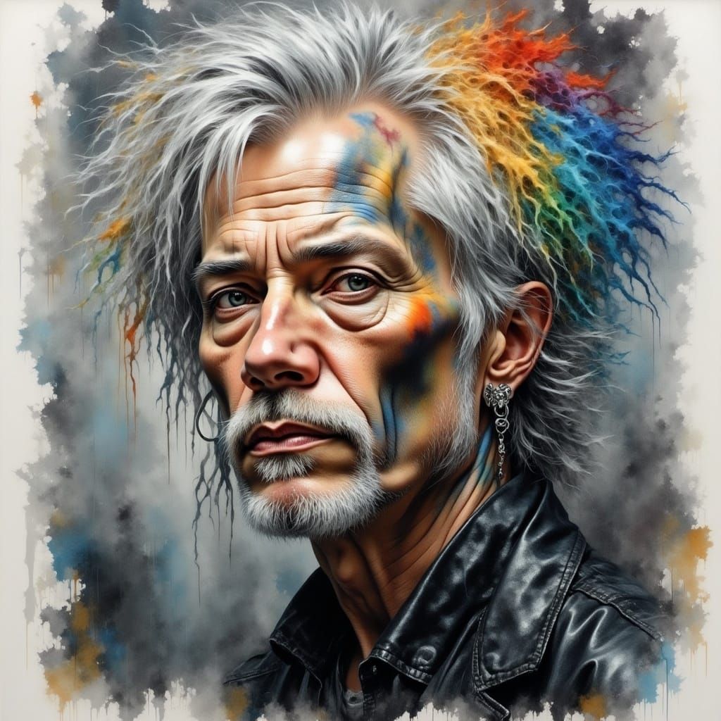 Rainbow Metalhead: Hazy Watercolor Portrait with Metallic Sh...