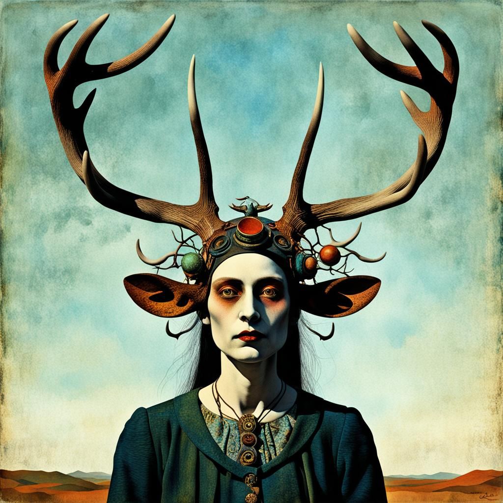 Gothic Woman with Antlers in Dreamlike Surrealism