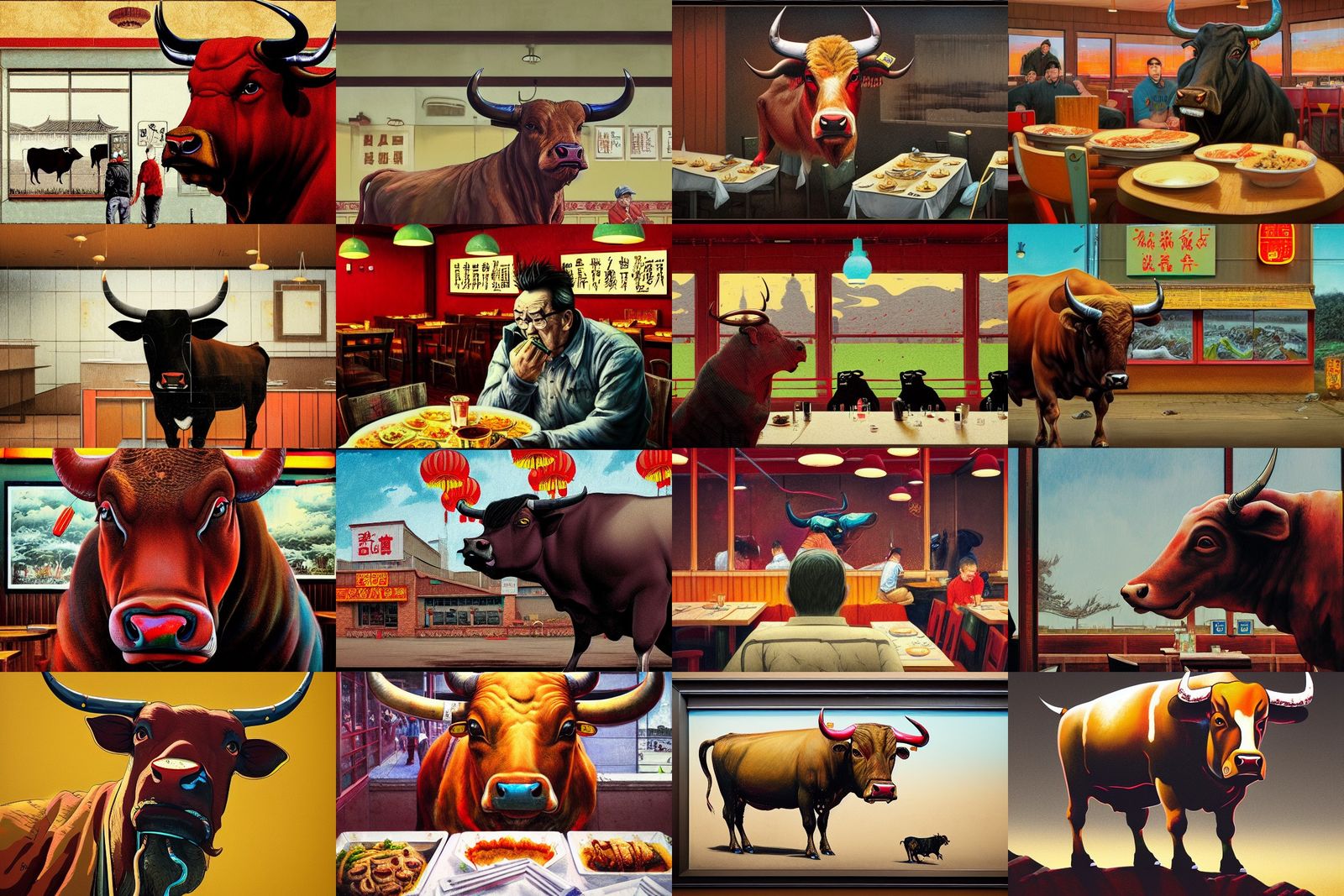 Bull Portrait in Chinese Buffet, Hyperdetailed Digital Art