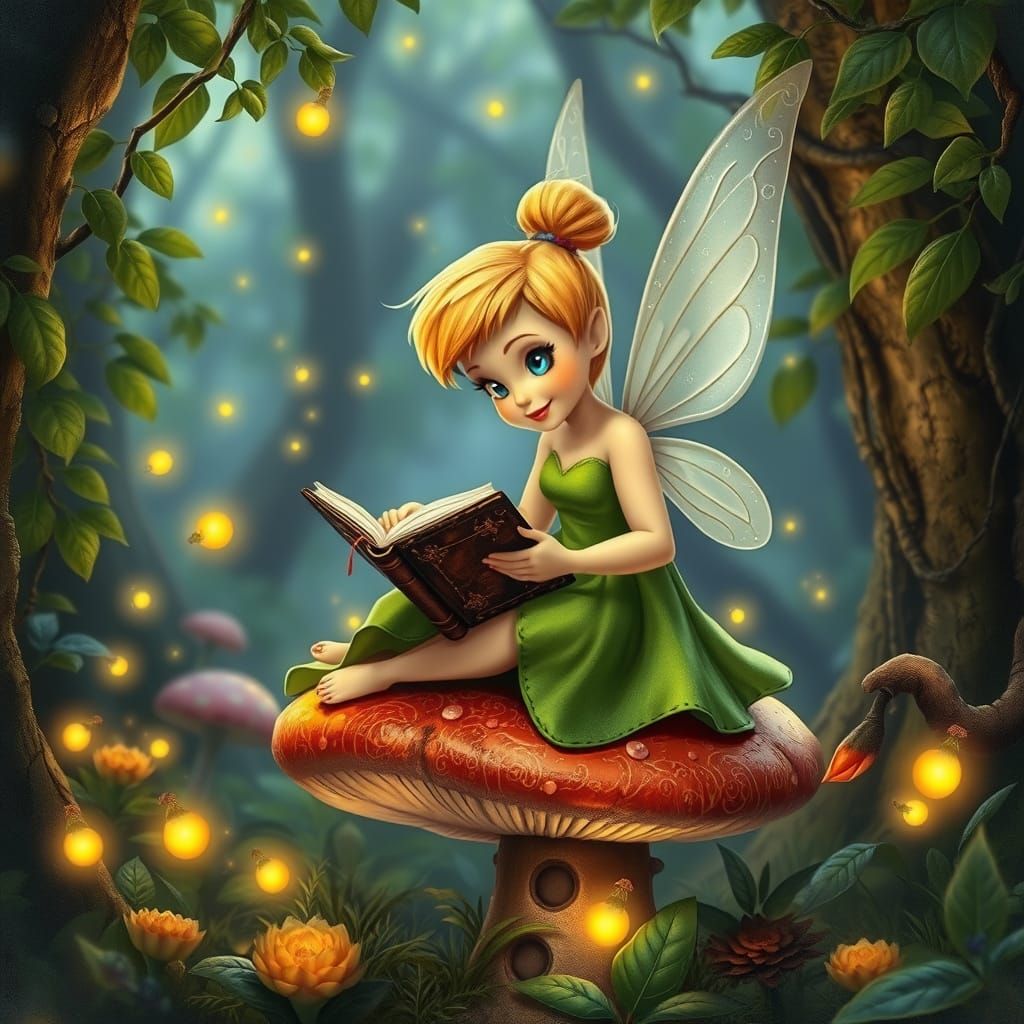 Tinkerbell Reading books in an enchanted forest world