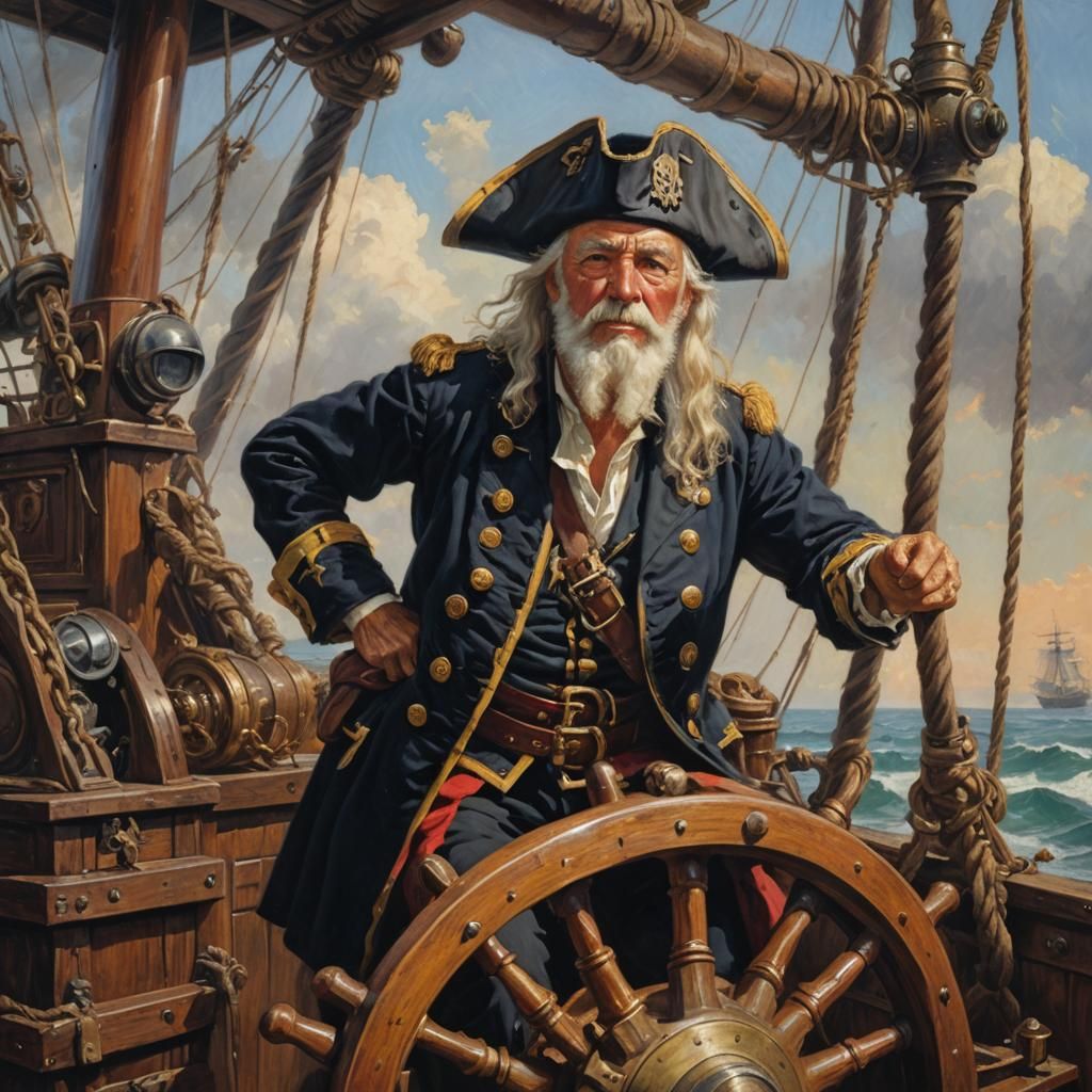 Pirate Captain at the Helm, Oil Painting Style