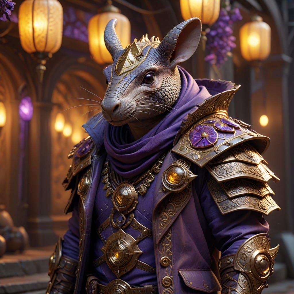 Armadillo gunslinger shooting from his wrists. Eyes glowing purple.