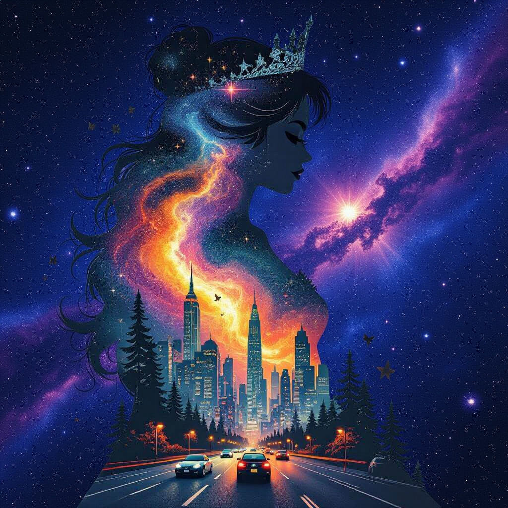 Galaxy Meets Cityscape in Double Exposure Silhouette