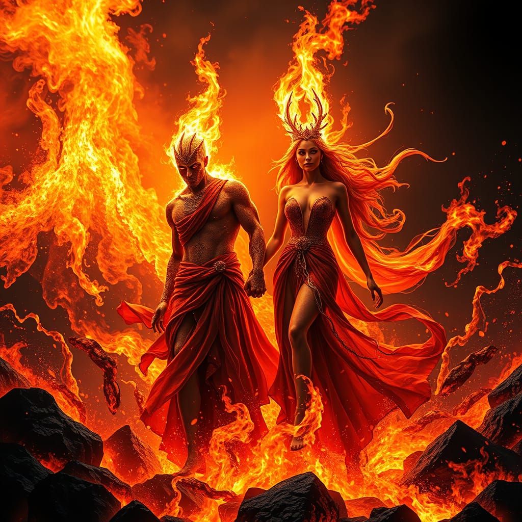 Fiery Deity Couple Rises from Inferno