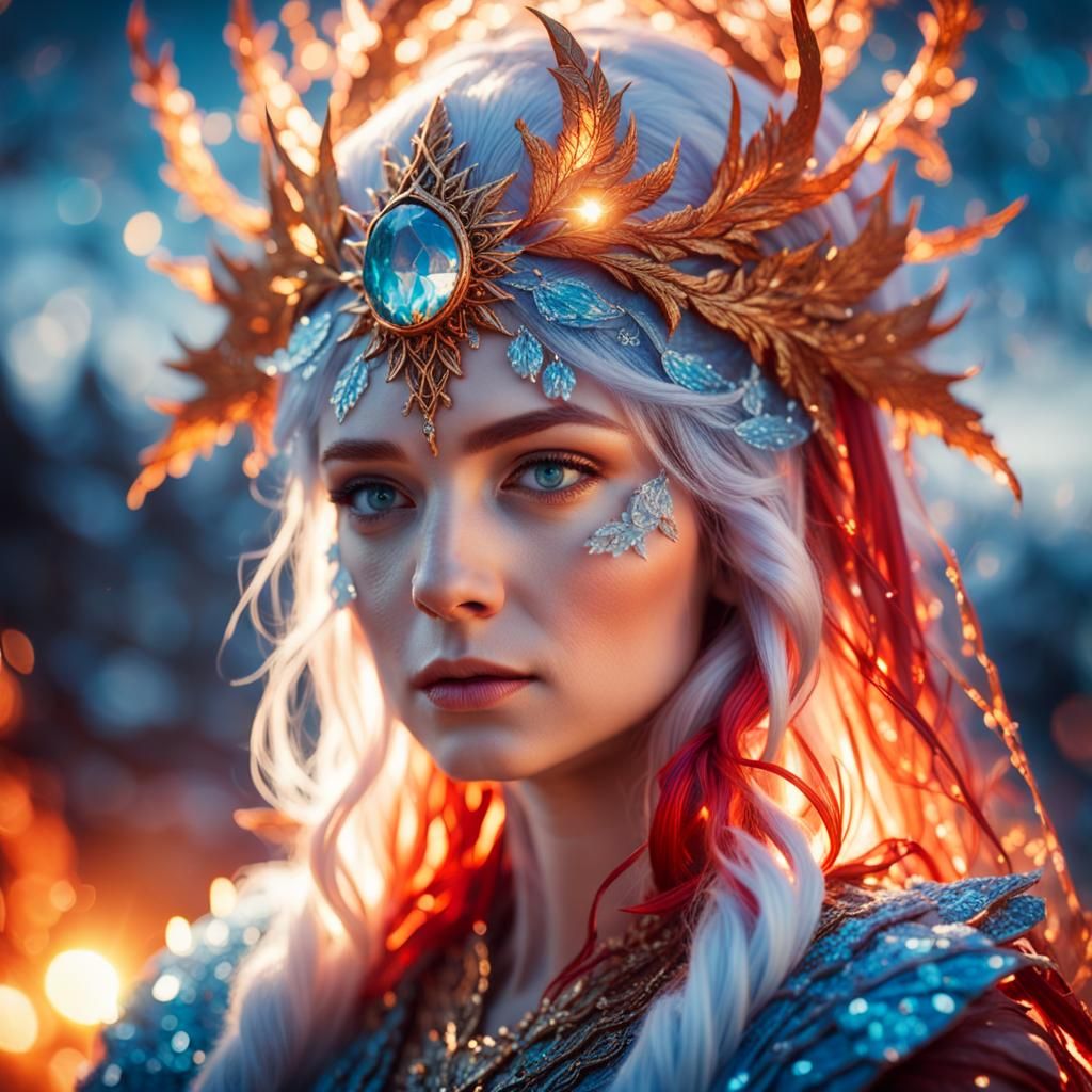 Goddess of Ice and Fire Portrait in Golden Light