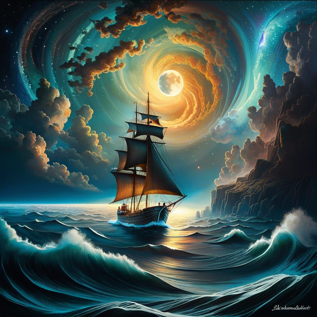 Sailboat Journey Under Moonlit Nebulae