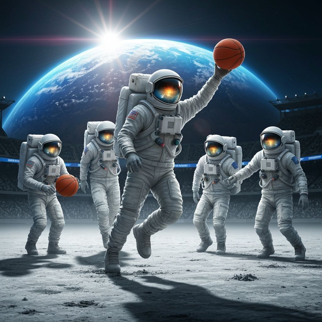 Astronauts' Lunar Basketball Game: Hyperrealistic Splash Art