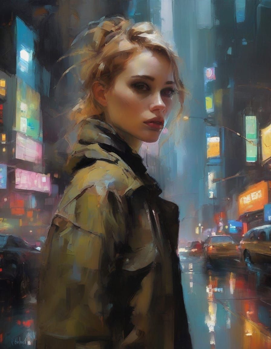 Gritty Noir Punk Girl in Retro Futuristic Dystopian Landscap...