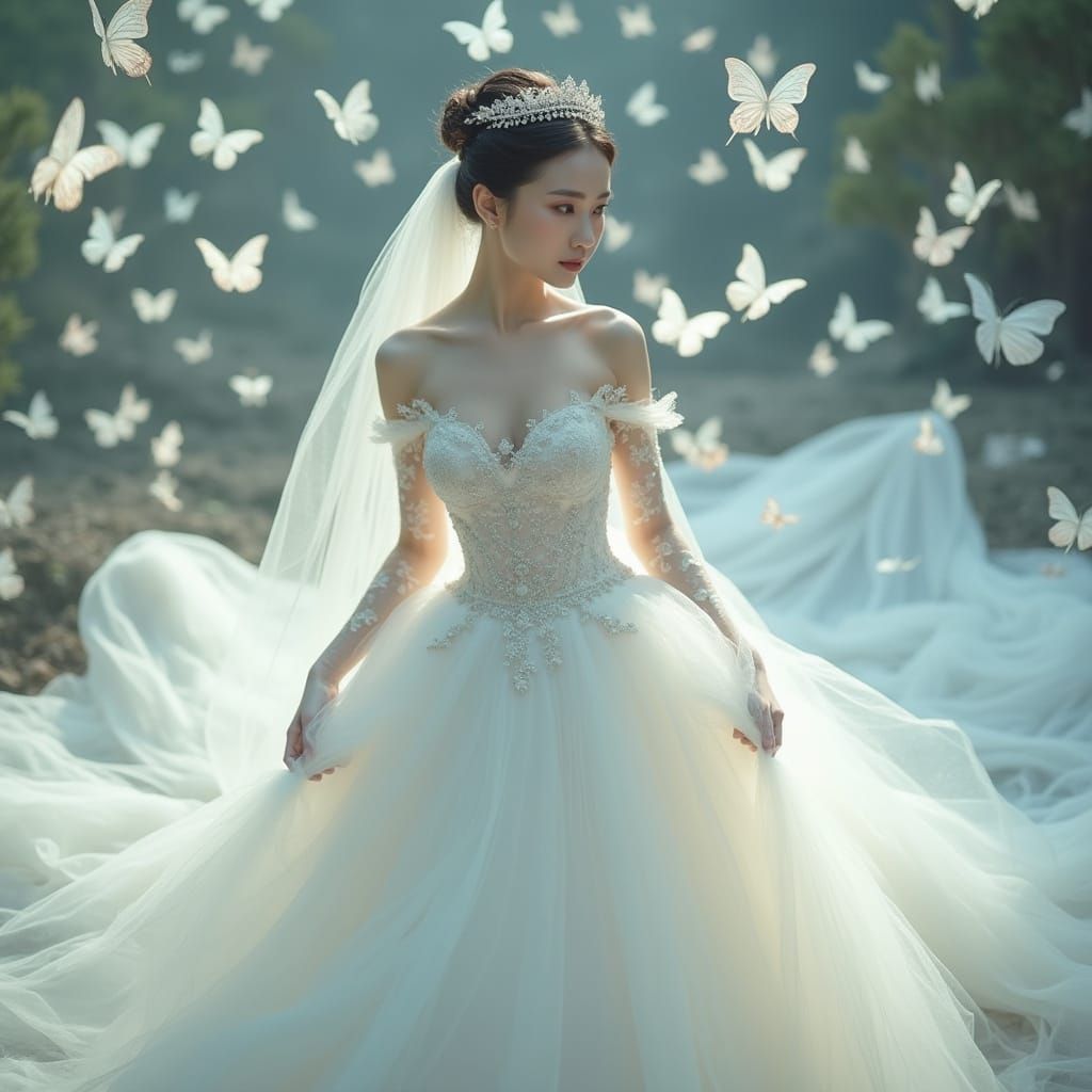 Asian Woman in White Dress with Butterflies