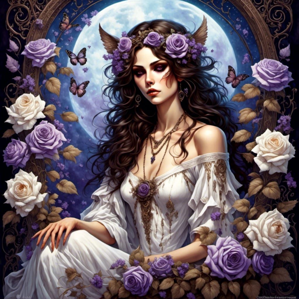 Watercolor Sorceress with Lilac Roses and Violets
