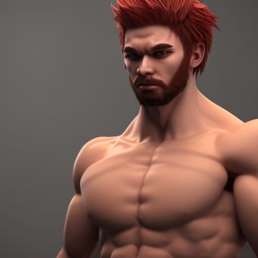 Super-Muscular Red-Haired Man, Hyperdetailed Digital Art
