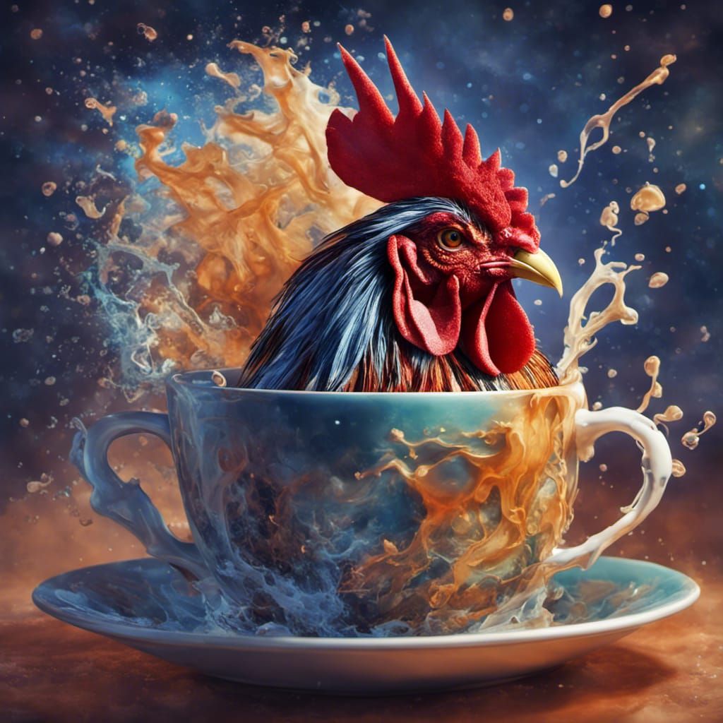 A large rooster, sitting in a teacup.