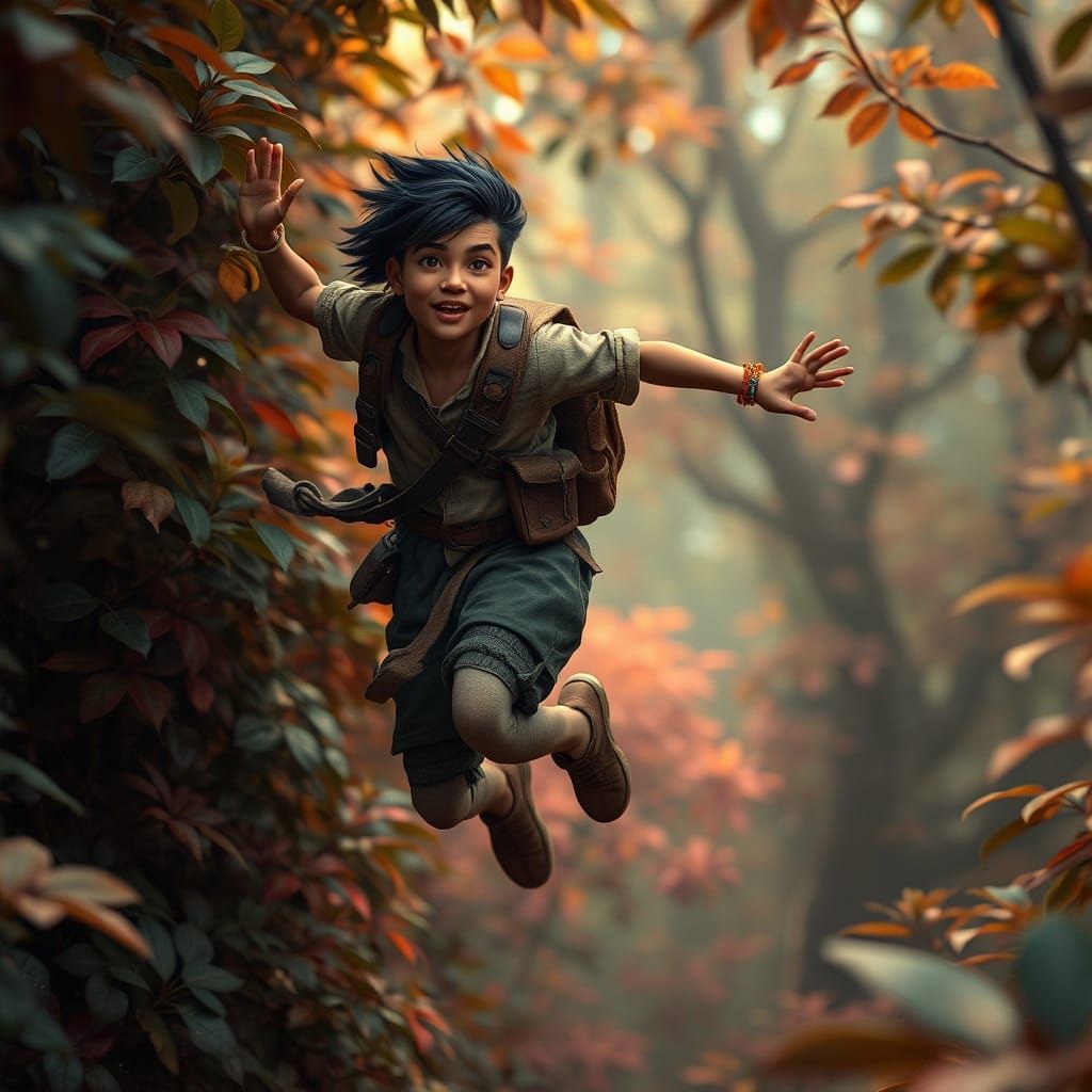Agile Figure Soars Between Ancient Leaves in Ethereal Forest