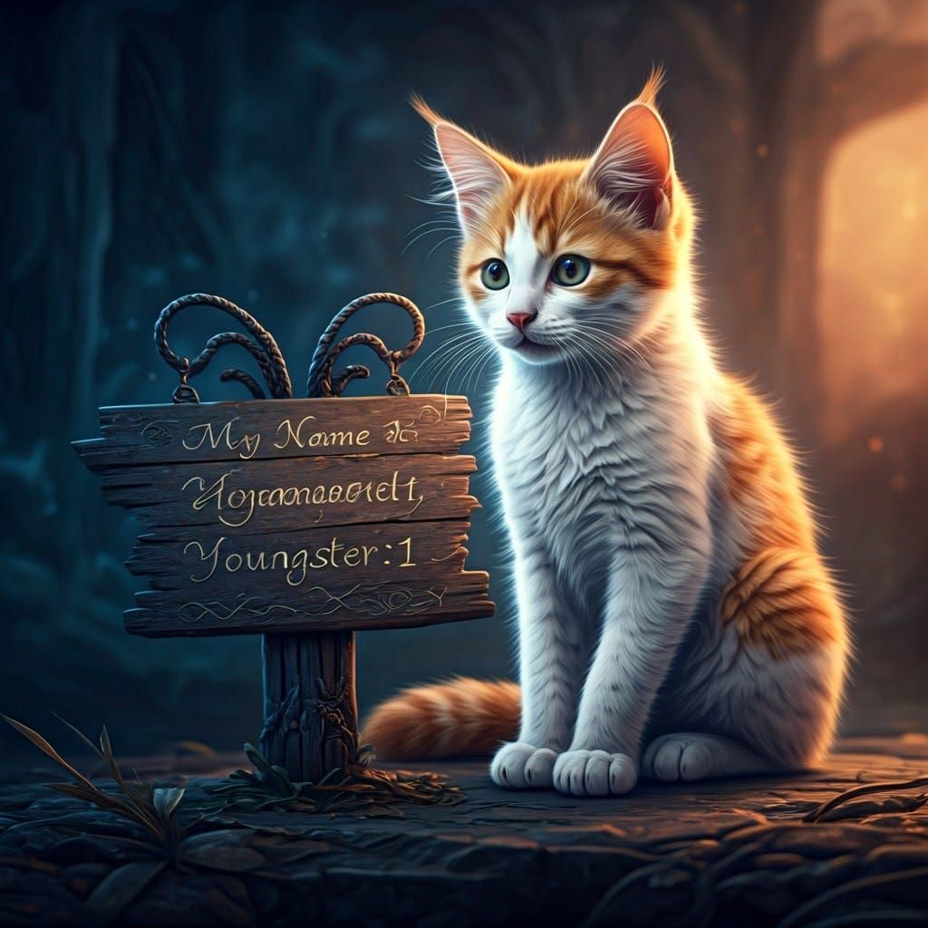 Serene Young Feline Beside Mystical Sign in Dreamlike Realm