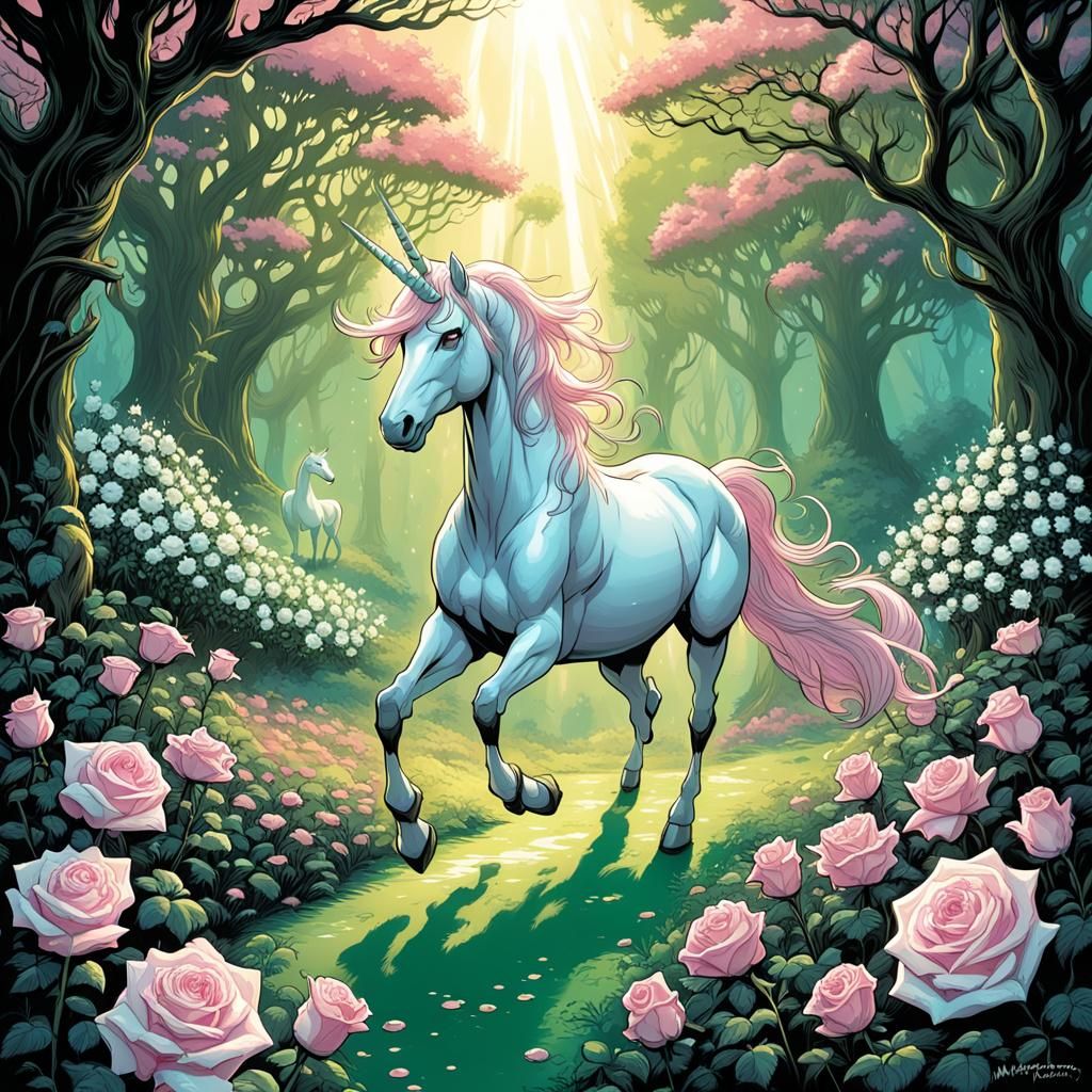 White Unicorn in Magical Forest: Comic Book Art