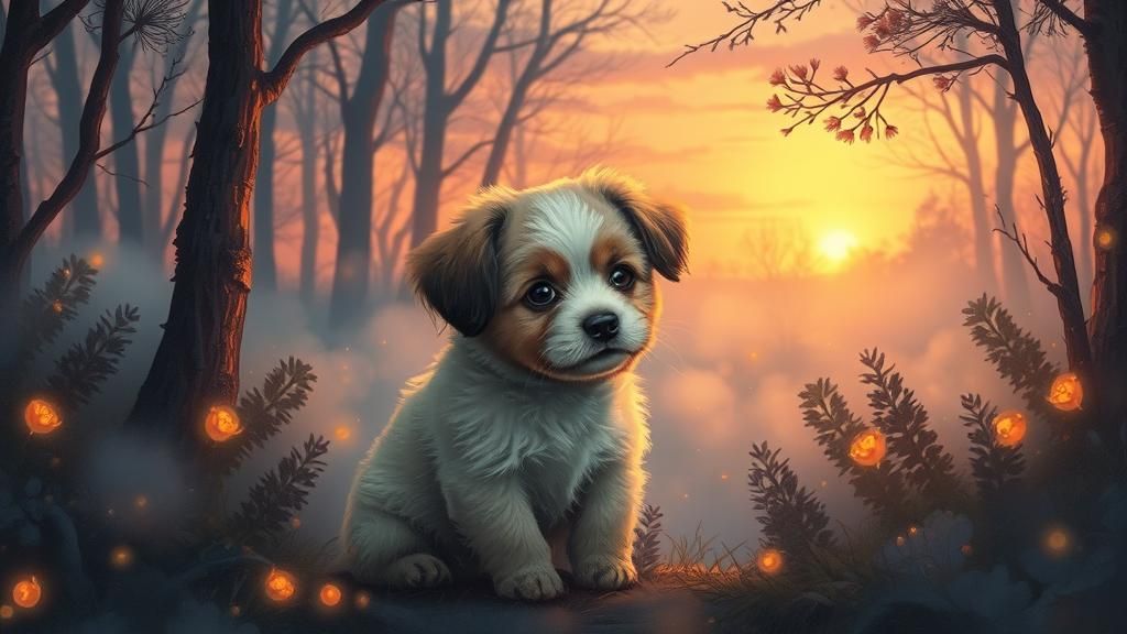 Puppy in Ethereal Forest as Dreamlike Illustration