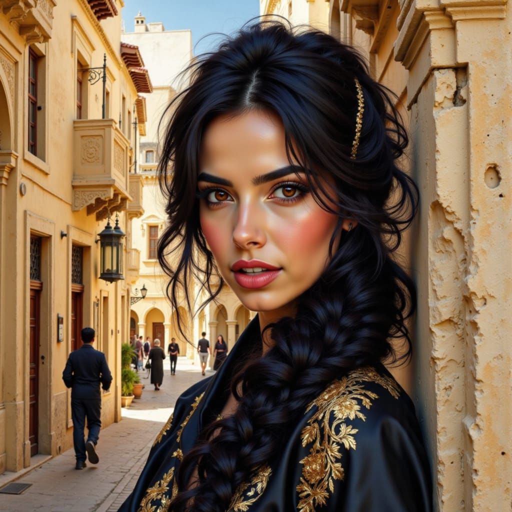 watercolor Illustration of a Beautiful young woman in black gold hijab,,,,,