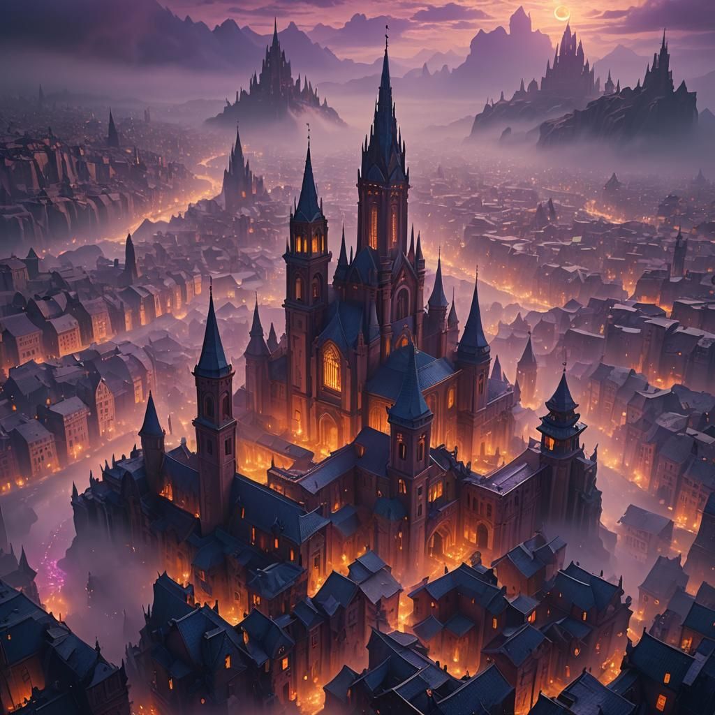 Mysterious City in Mist: Stylized Fantasy Concept Art