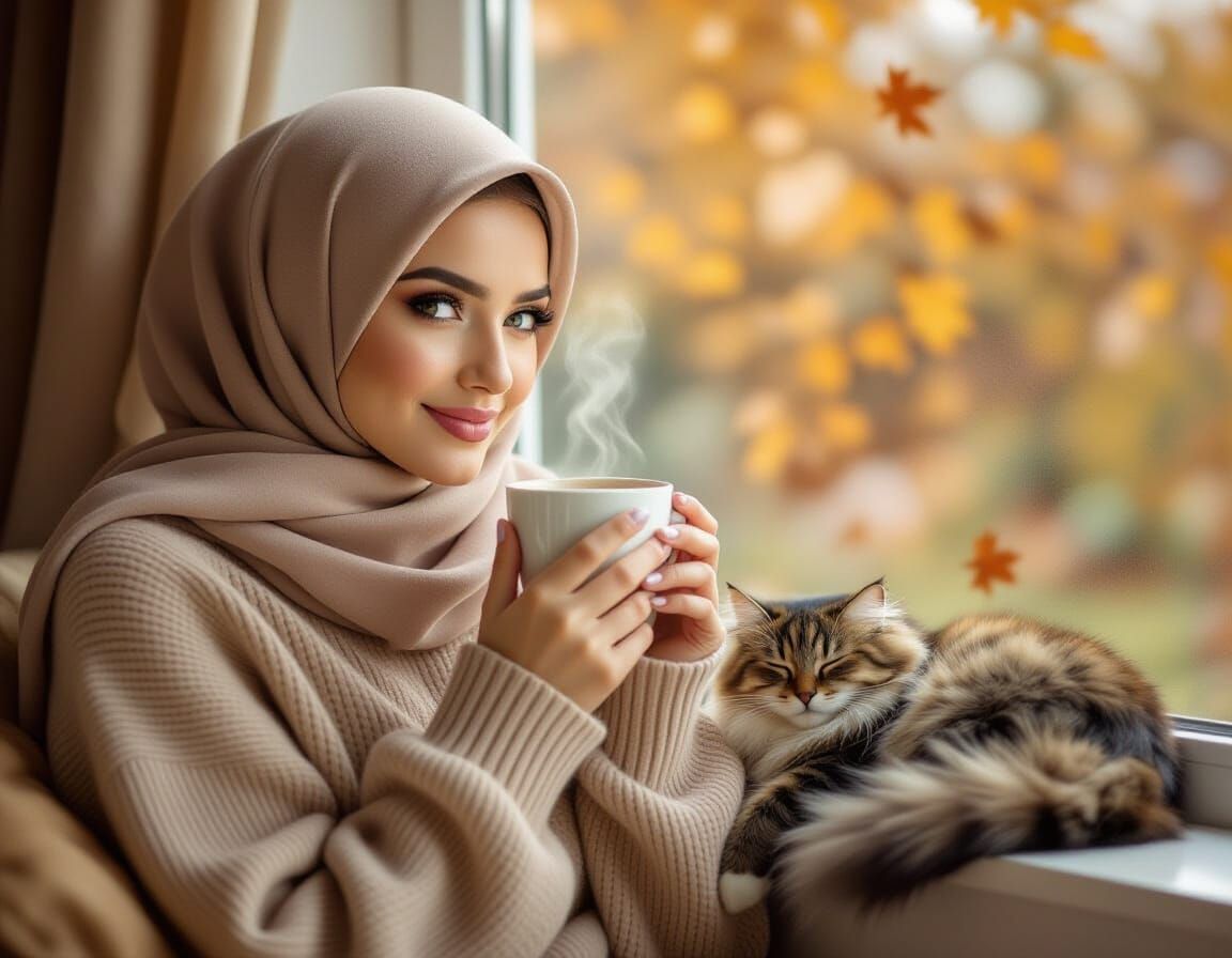 Cozy Autumn Scene: Hijabi Woman with Coffee and Cat
