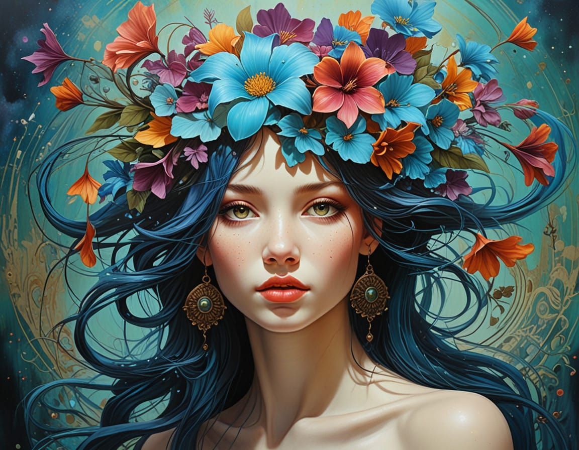 Ethereal Neo-Dada Goddess Amidst Whimsical Florals