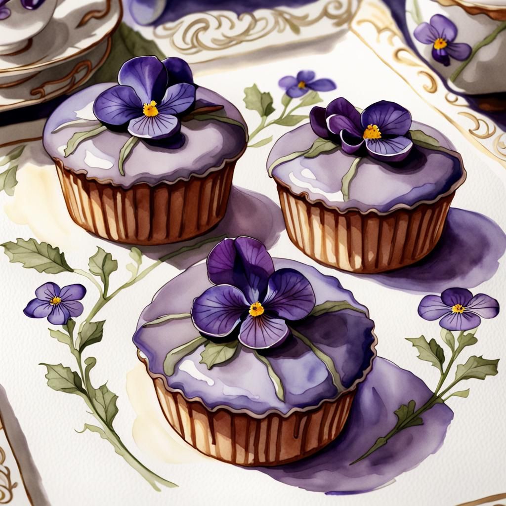 Elegant Earl Grey Tea Cakes in Art Nouveau Watercolor