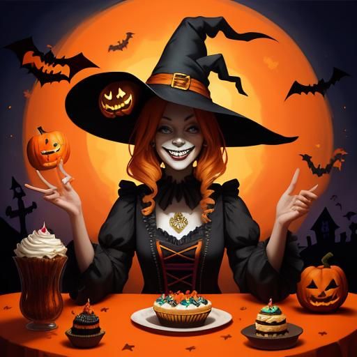 Smiling Girl in Witch Costume at Halloween Party
