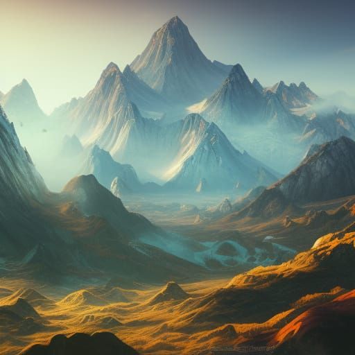Detailed Mountain Landscape in Matte Painting Style
