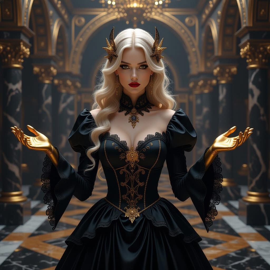 Gothic Midas Woman with Golden Hands in Marble Room