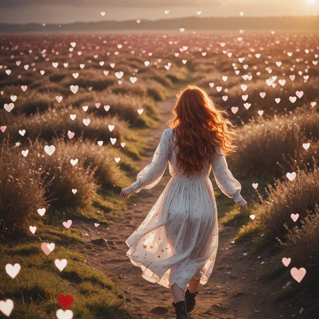 Redhead in Sunset Surrounded by Hearts