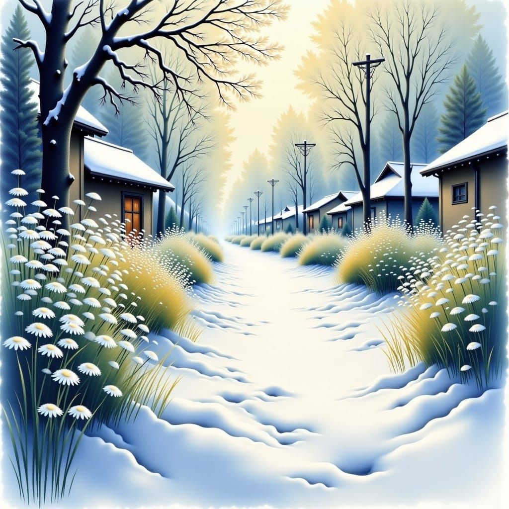 Winter Street Scene with Blooming Flowers: Hiroshige Style