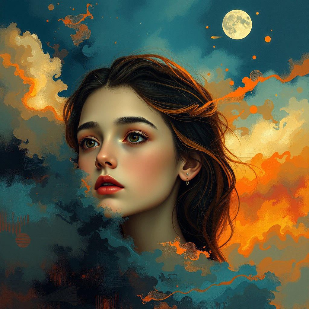 Twilight Girl in Abstract Expressionist Dreamscape