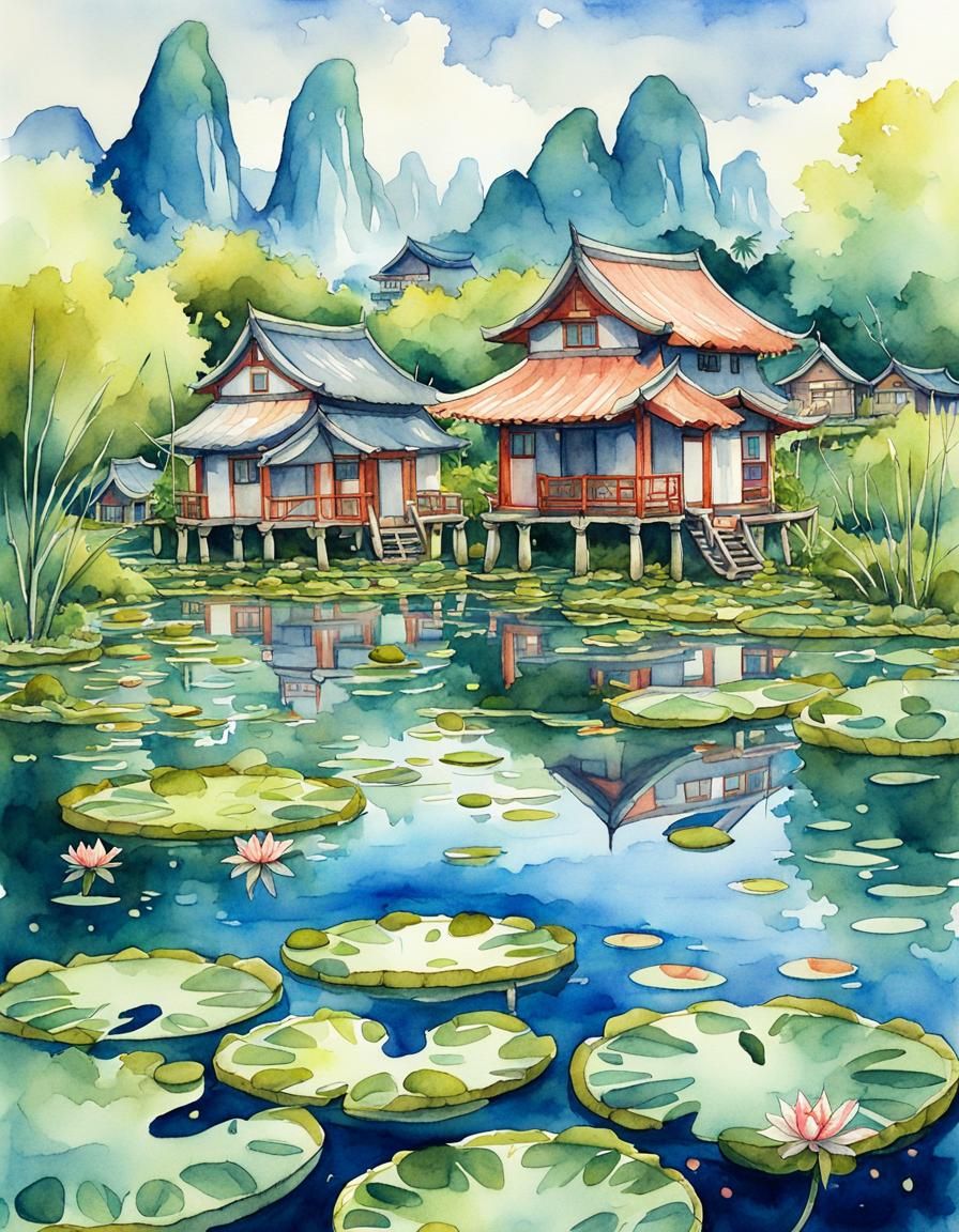 Fantasy Asian Fishing Village on Lily Pads, Anime Watercolor