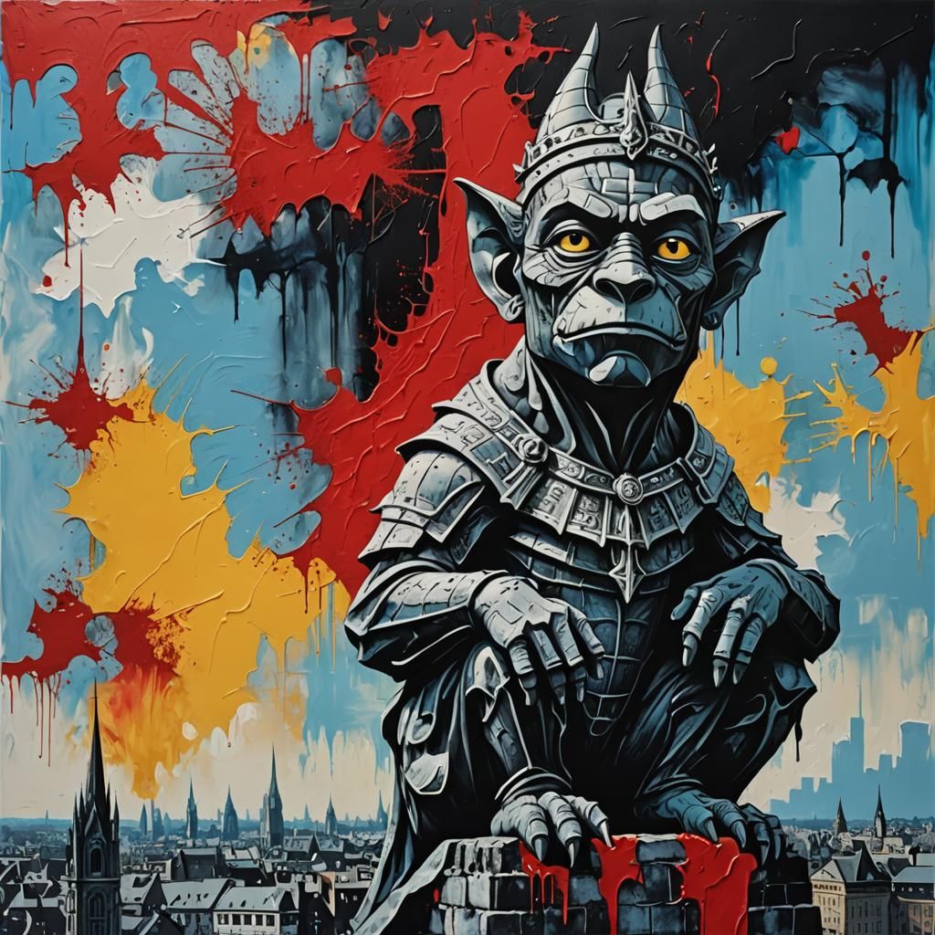 Gargoyle in a Muted Noir Palette with Basquiat's Urban Edge