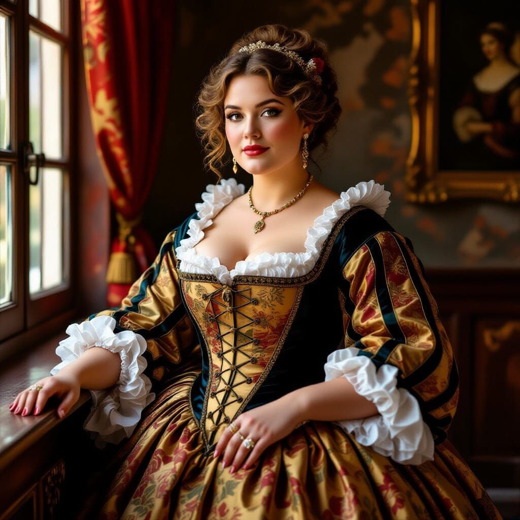 Renaissance Woman in Baroque Setting, Realistic Portrait