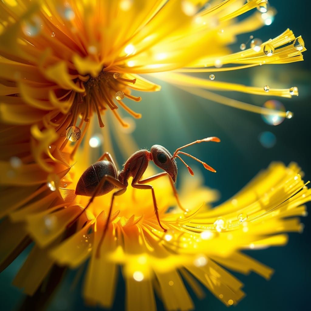 A close-up shot of an ant seeking shelter under a vibrant dandelion, its delicate seeds glistening in the sunlight, as r...