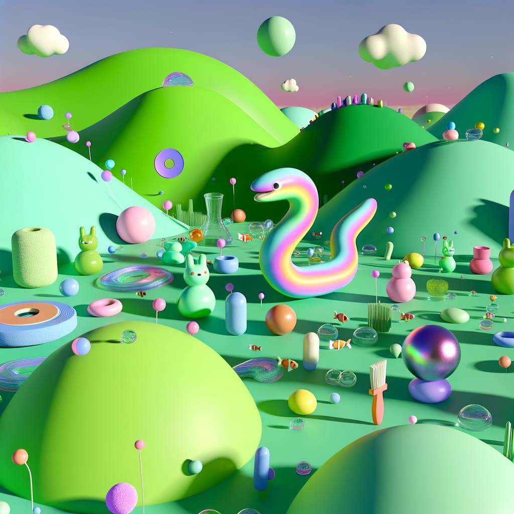 Whimsical Rainbow Landscape Teeming with Cheerful Characters