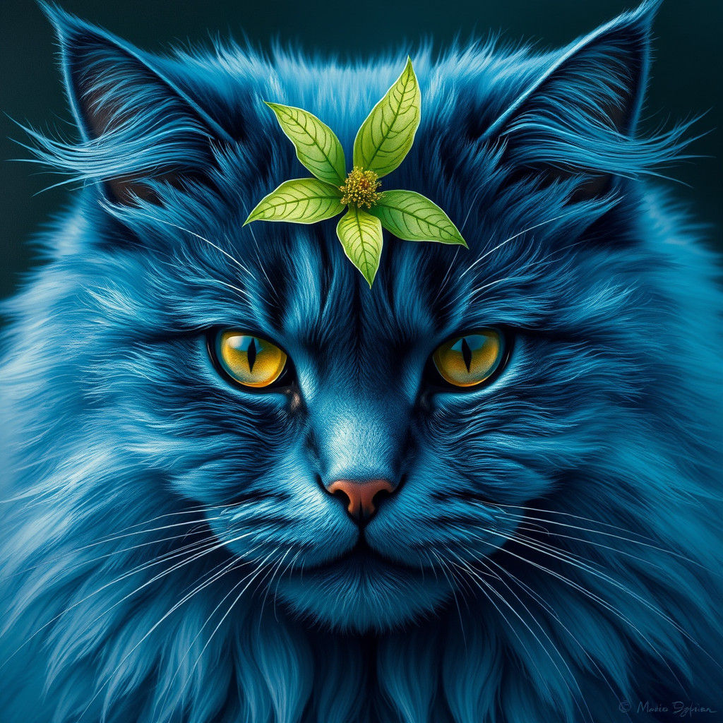 Blue Cat with Green Flower, Hyperrealistic Digital Art