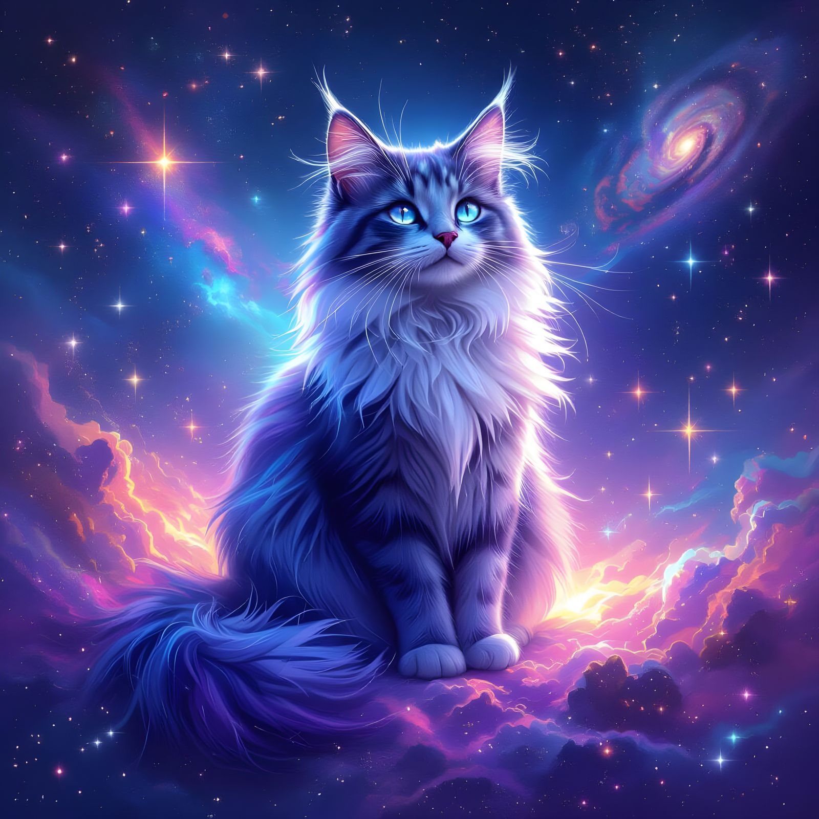 Cosmic Cat on Nebula in Fantasy Digital Art