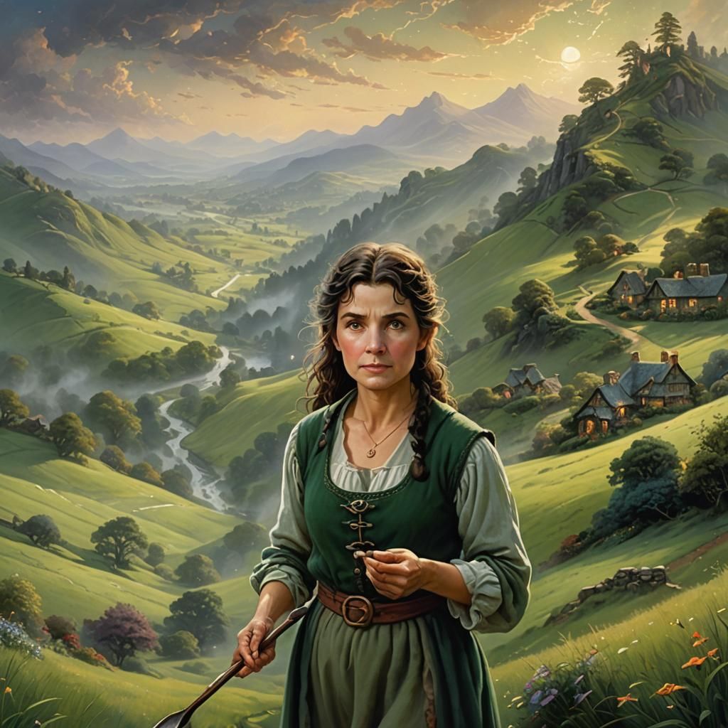 Hobbit with Spoon in Ethereal Fantasy Landscape
