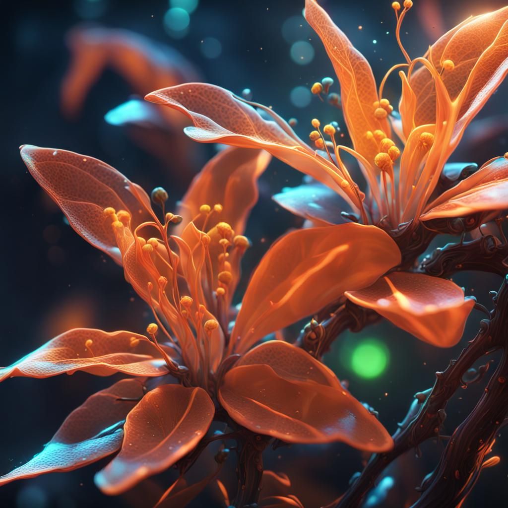 Orange Blossom Plant in Neon Fantasy Digital Art