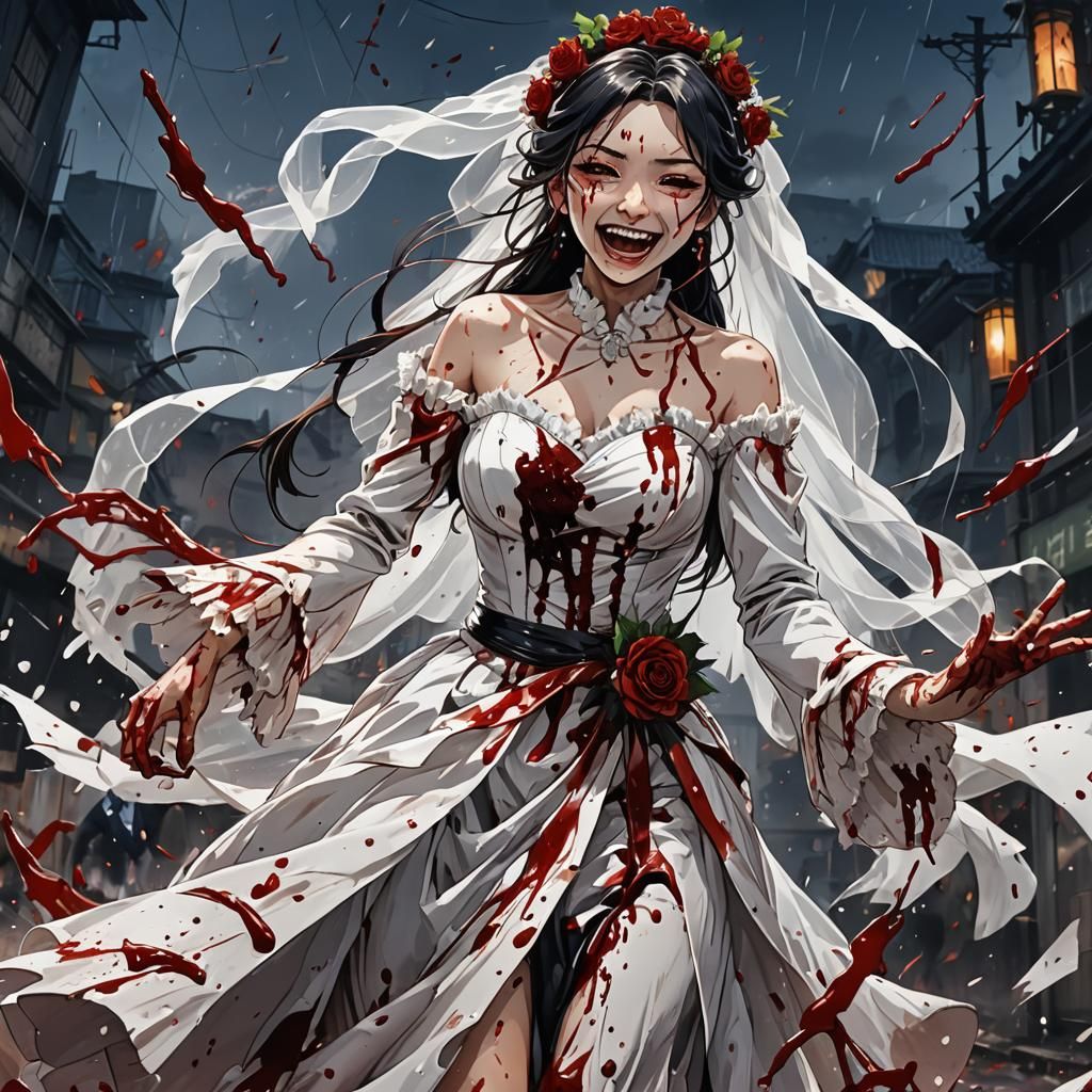 Blood-Drenched Bride Laughing Maniacally in Anime Style