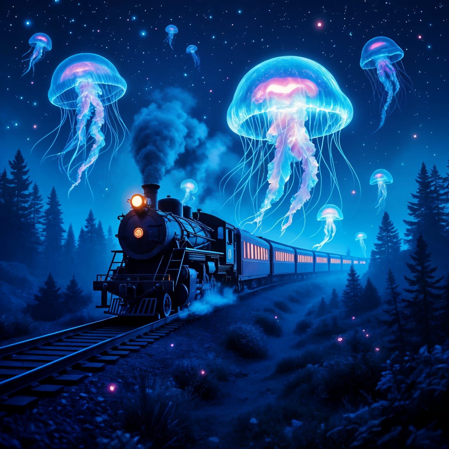 Spectral Jellyfish Train in Dreamcore Landscape