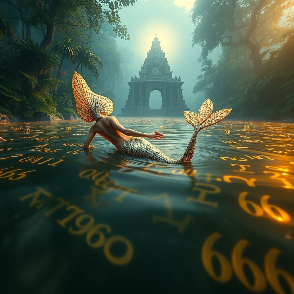 Fantastical Mermaid in Golden River of Pi Numbers