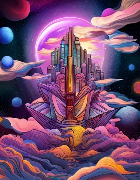 Futuristic Ship: Holographic Astral Illustration in Mixed Me...