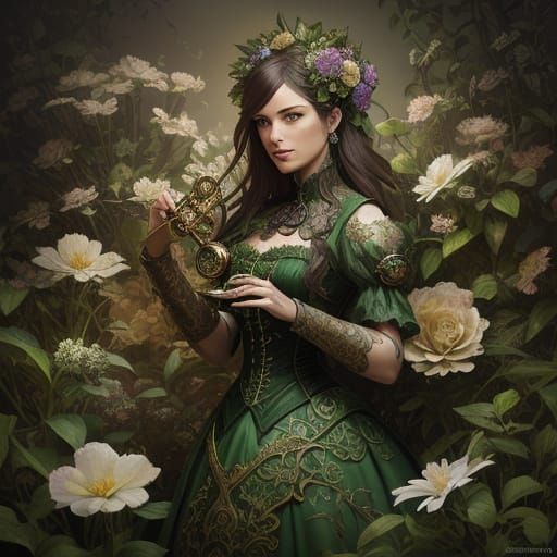 Steampunk Woman in Chaotic Floral Garden