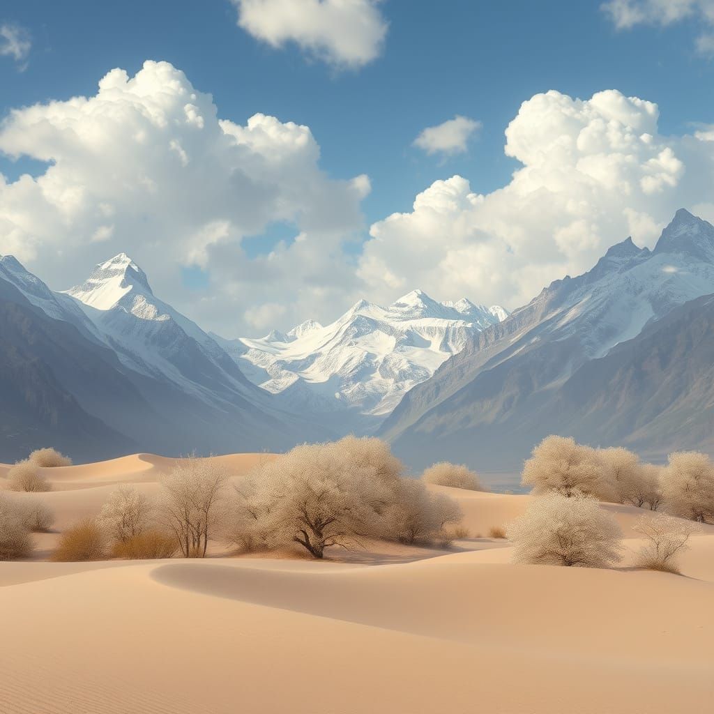 Icy Mountains and Sandy Dunes Landscape