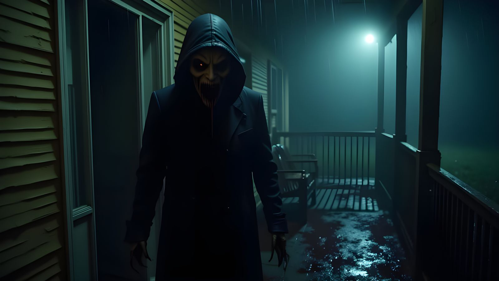 Eerie Figure in Black Cloak Lurks on Suburban Porch