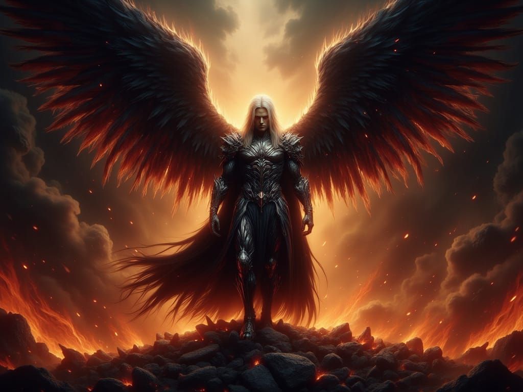 Dark Angel in Gothic Armor on Burning Bones