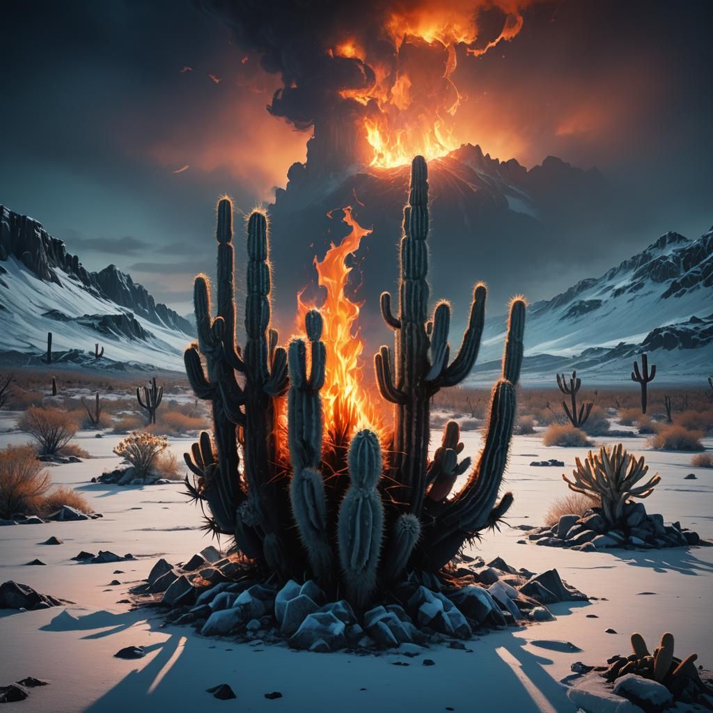 Cactus Between Fire and Ice in Dark Fantasy Style
