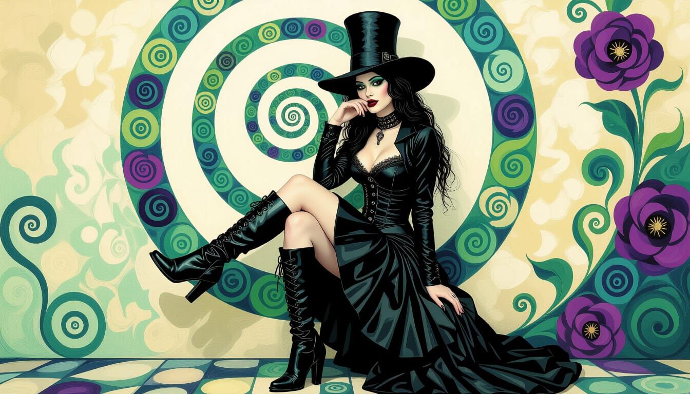 Goth Punk Woman in Floral Vortex - Post-Impressionist Style